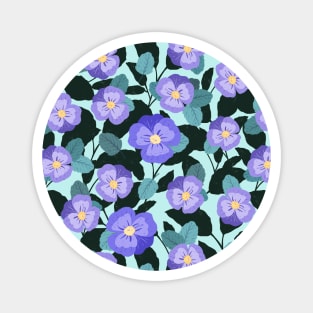 Fancy Pansy floral surface pattern with dark green leaves on pale aqua background Magnet